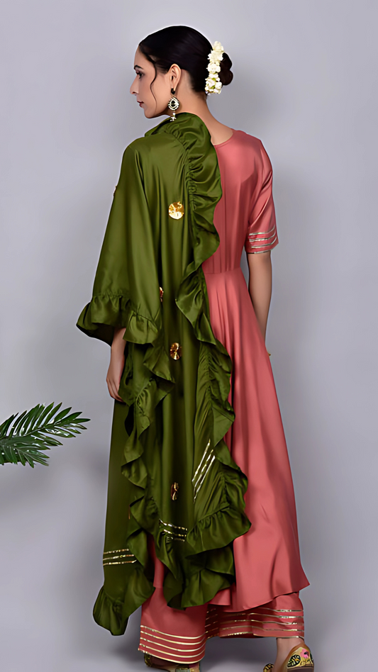 Zubaida Peach And Olive Frillsuit With Dupatta Set (Set of 3)