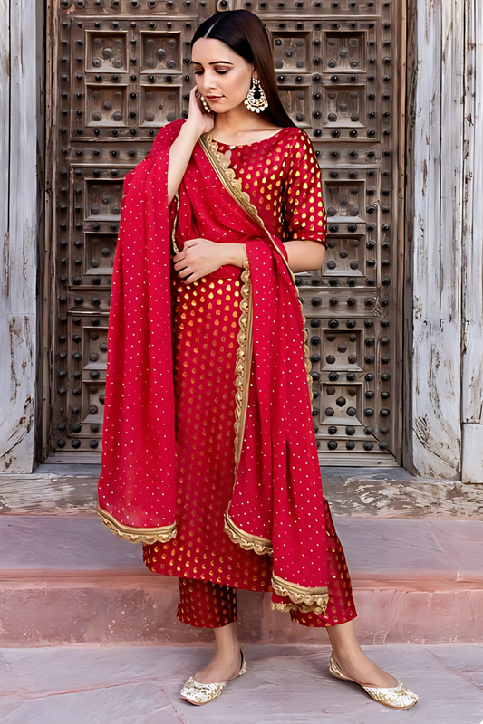 Deep Red Brocade Kurta And Pant With Dupatta (Set of 3)