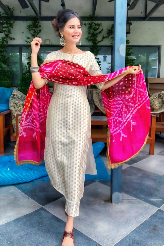 Ivory Brocade Kurta And Pant With Bandhani Dupatta (Set of 3)