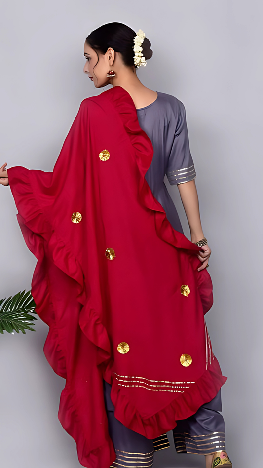 Zubaida Grey And Maroon Suit With Frill Dupatta Set 3