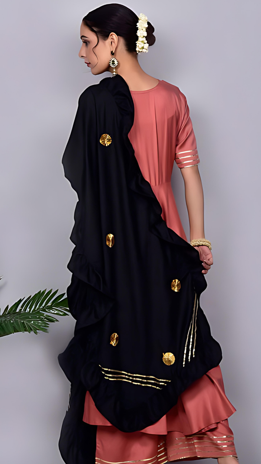 Zubaida Peach And Black Frill Suit With Dupatta Set
