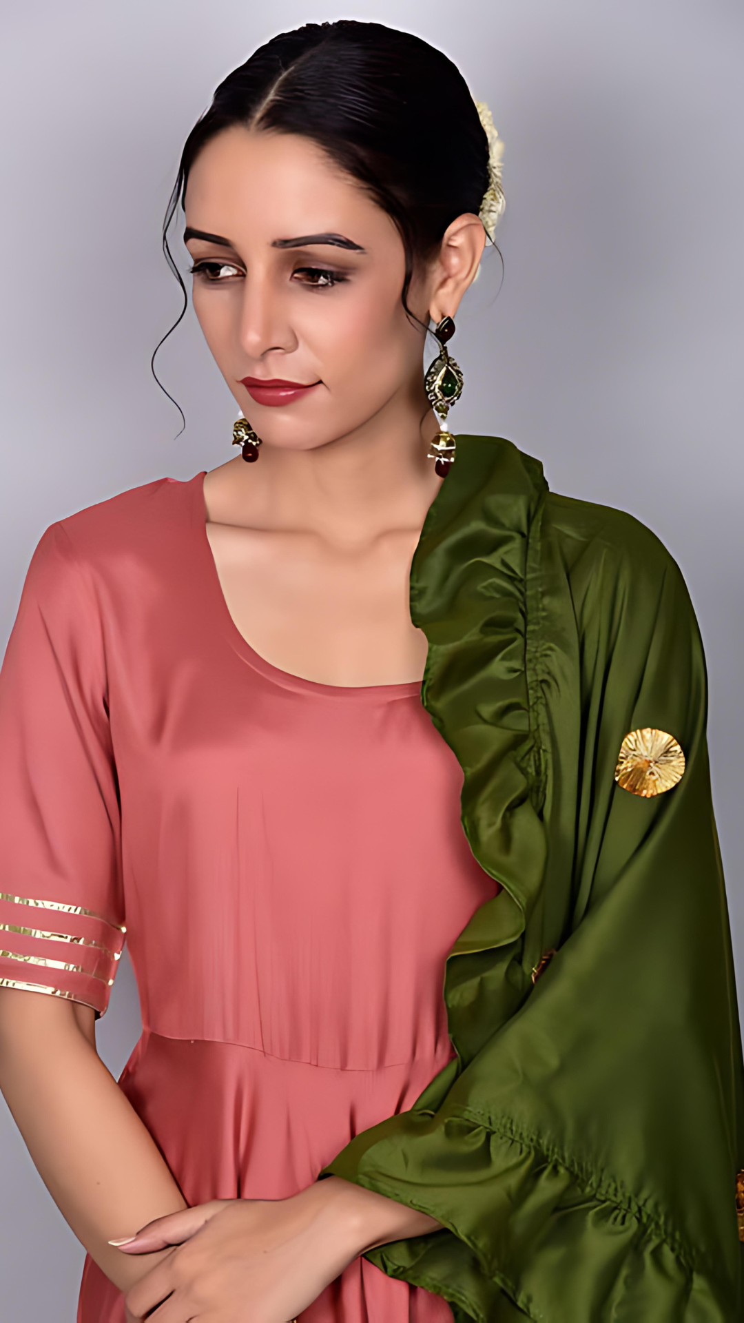 Zubaida Peach And Olive Frillsuit With Dupatta Set (Set of 3)