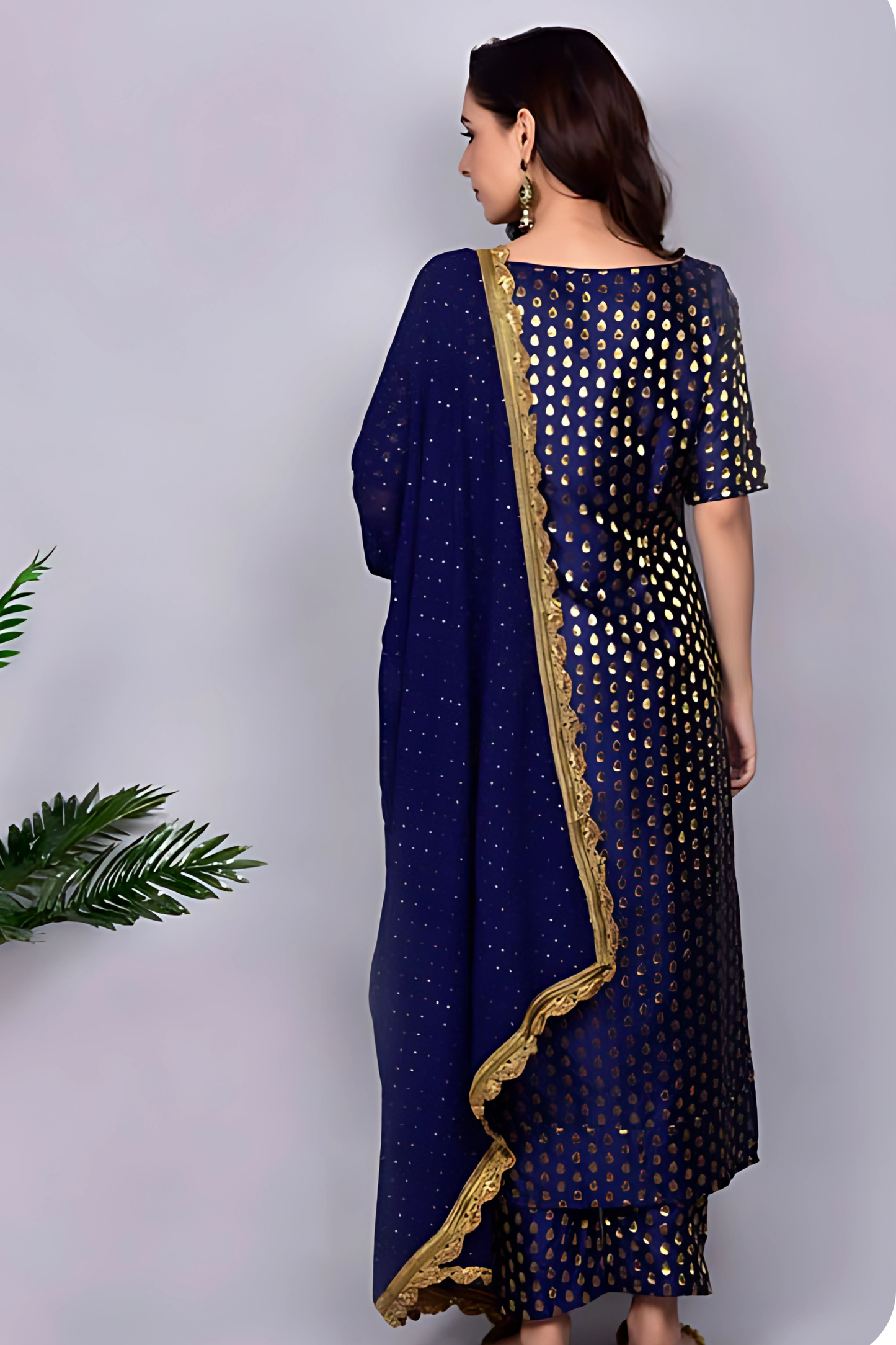Navy Blue Brocade Twin Set With Dupatta Set 3