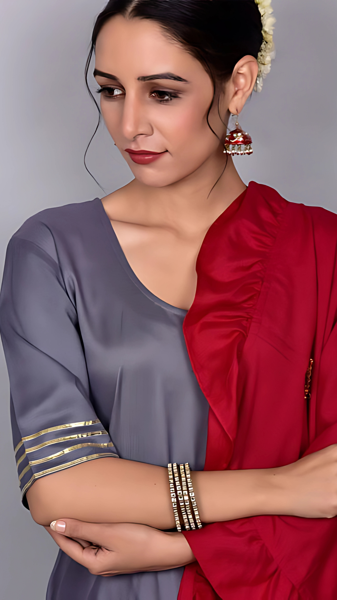 Zubaida Grey And Maroon Suit With Frill Dupatta Set 3