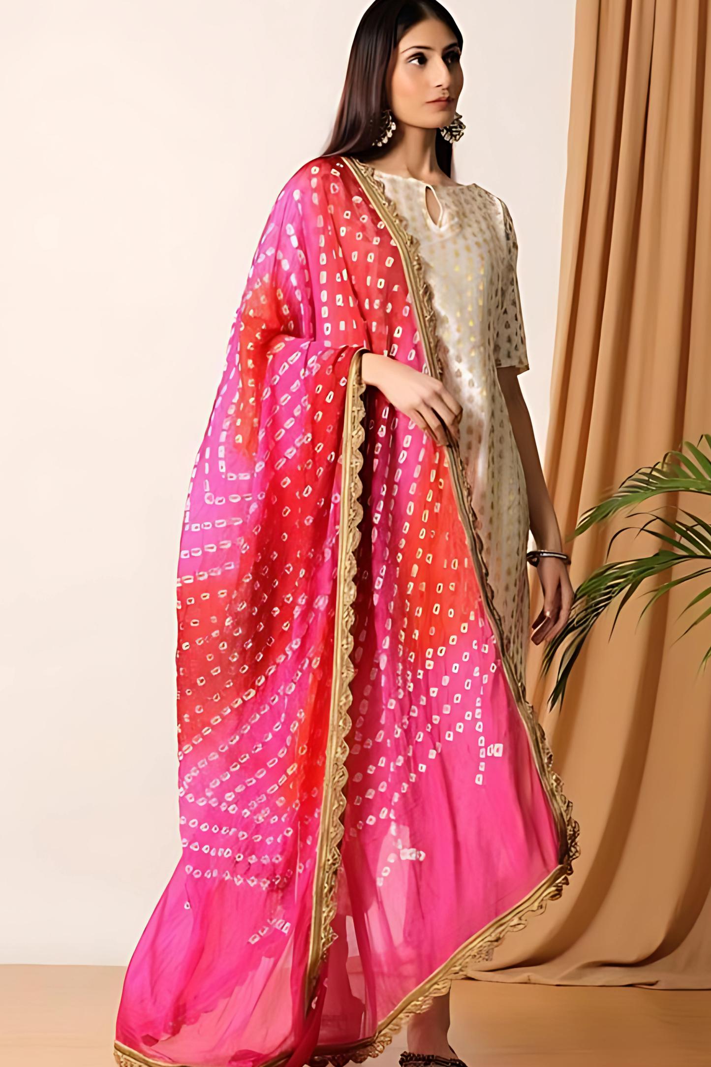 Ivory Brocade Kurta And Pant With Bandhani Dupatta (Set of 3)