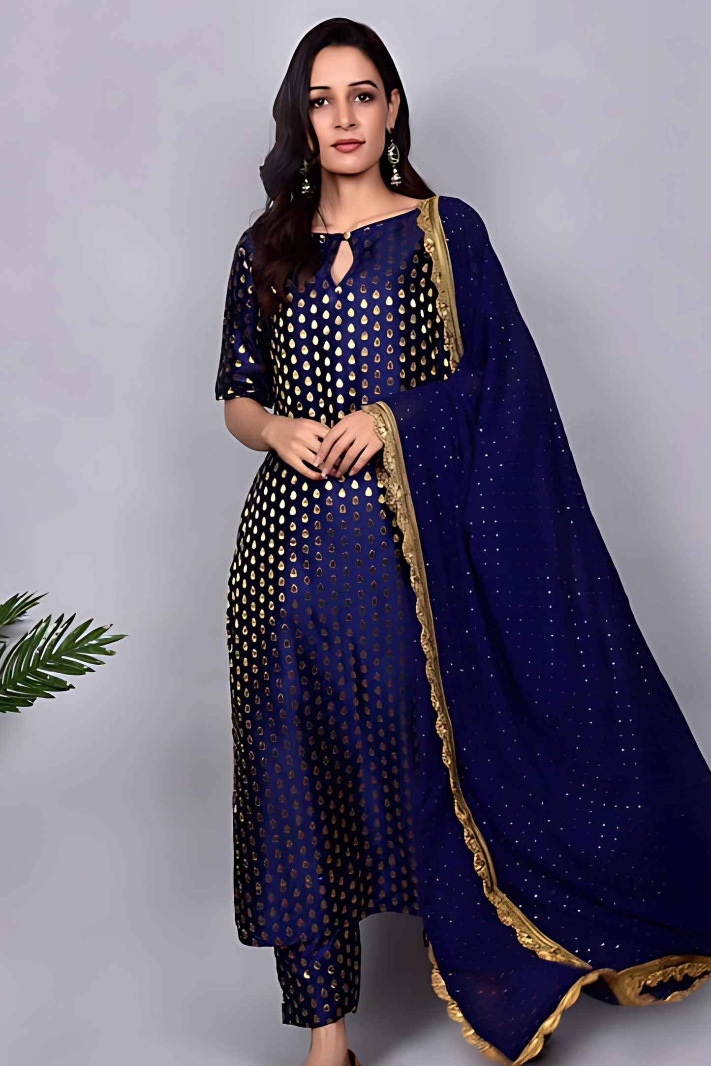 Navy Blue Brocade Twin Set With Dupatta Set 3