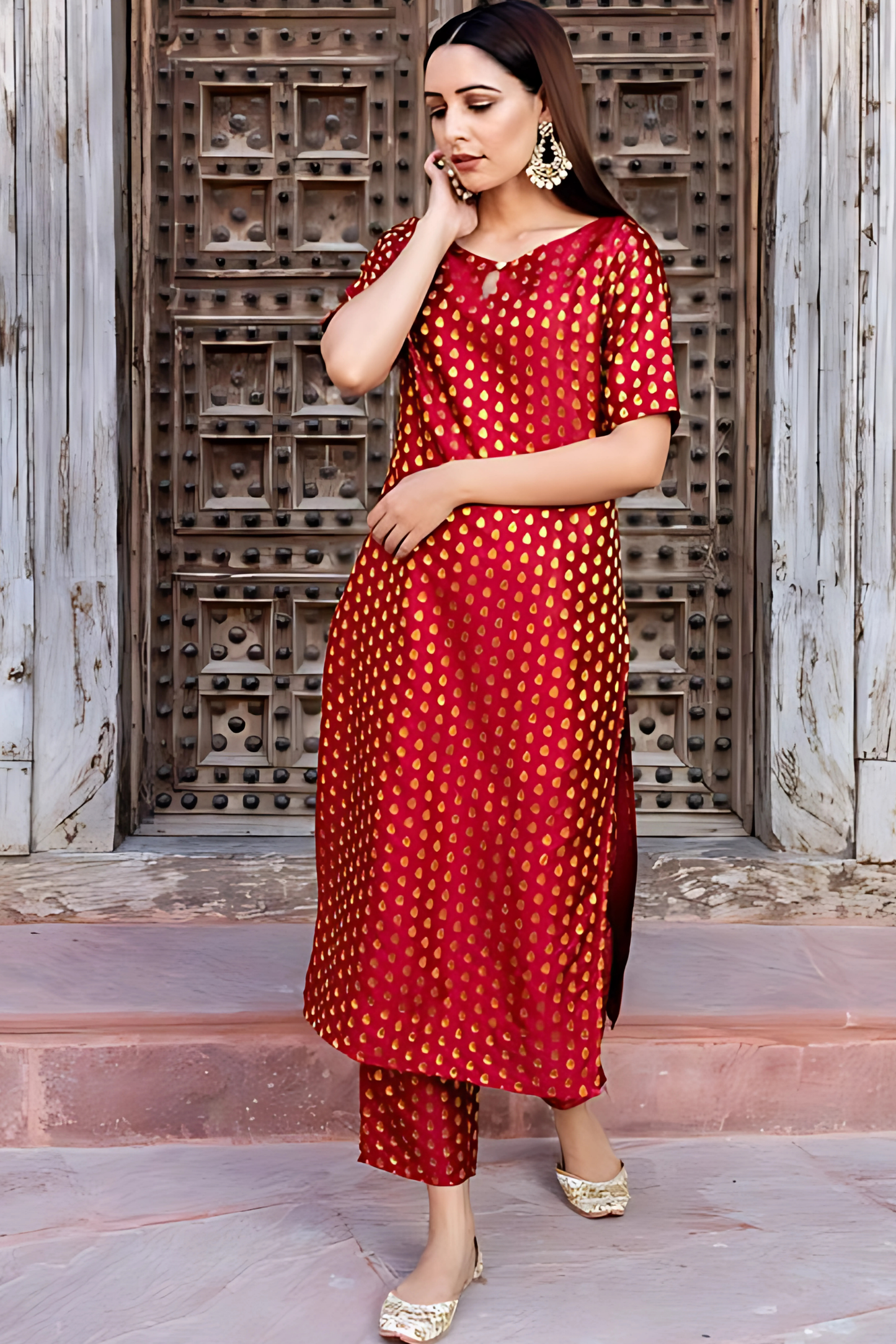 Deep Red Brocade Kurta And Pant With Dupatta (Set of 3)