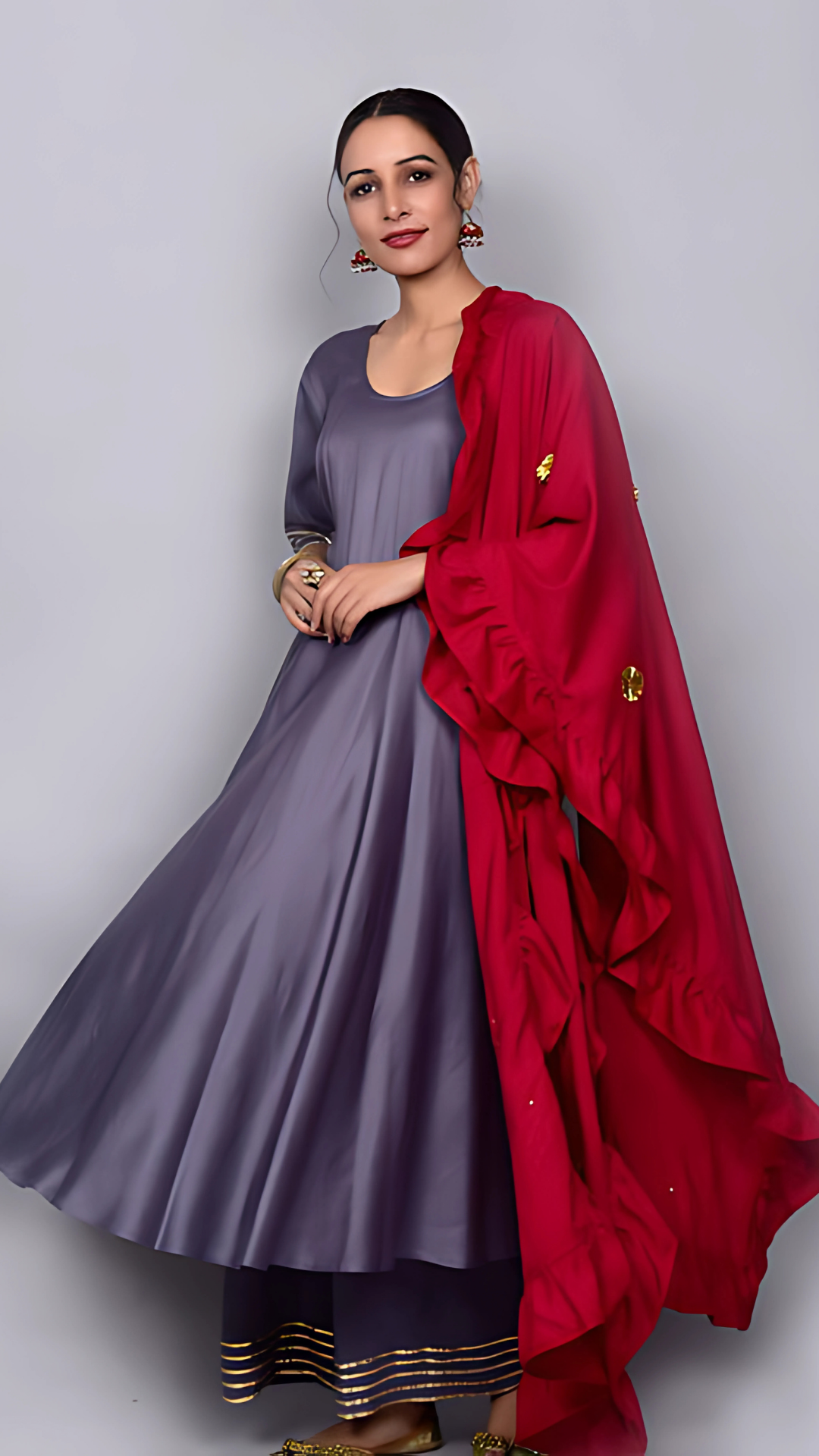 Zubaida Grey And Maroon Suit With Frill Dupatta Set 3