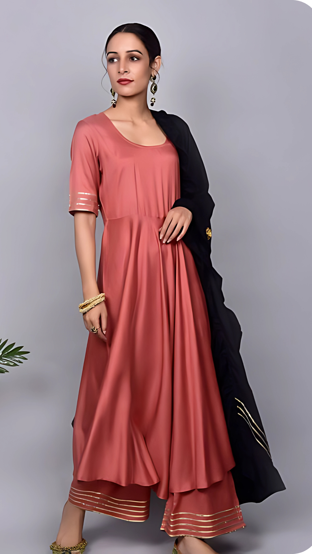 Zubaida Peach And Black Frill Suit With Dupatta Set