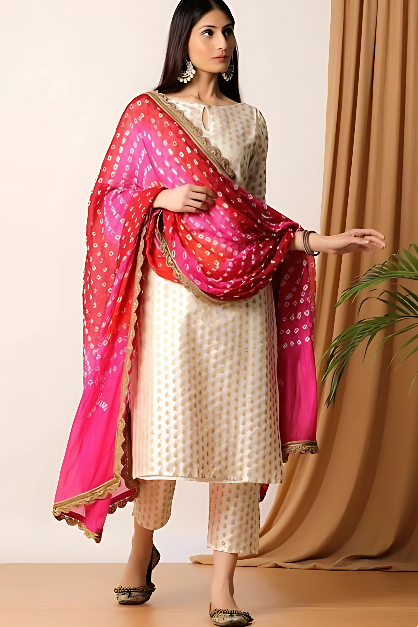 Ivory Brocade Kurta And Pant With Bandhani Dupatta (Set of 3)