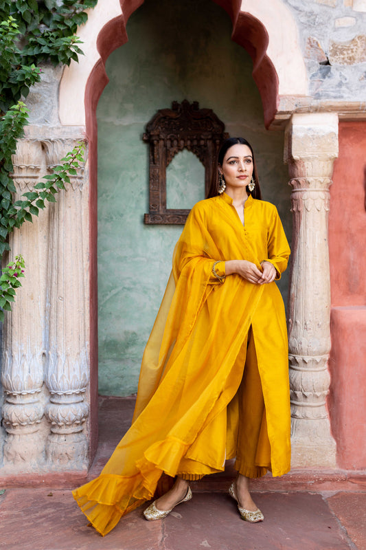 Marigold Mustard Silk Kurta And Pant With Dupatta (Set of 3)