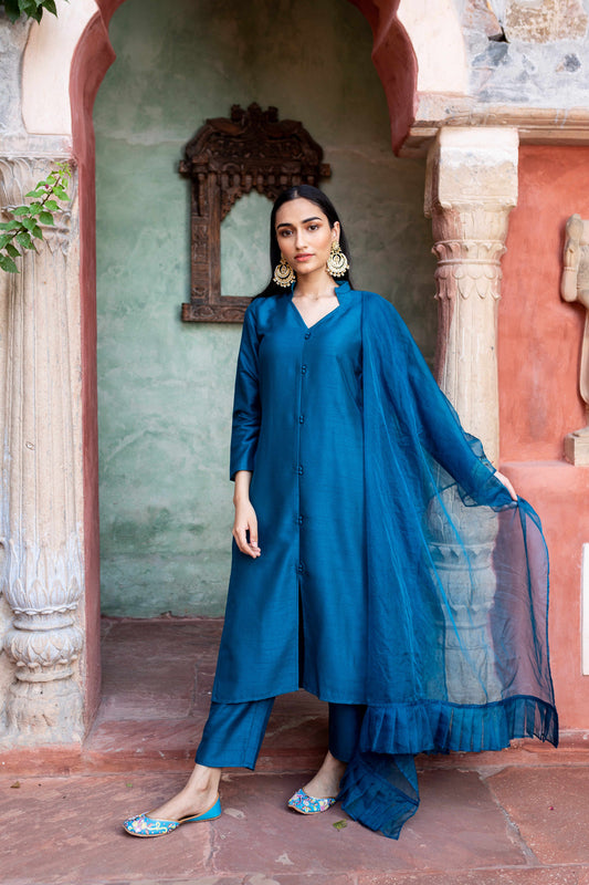 Afsana Teal Blue Silk Kurta And Pant With Dupatta (Set of 3)