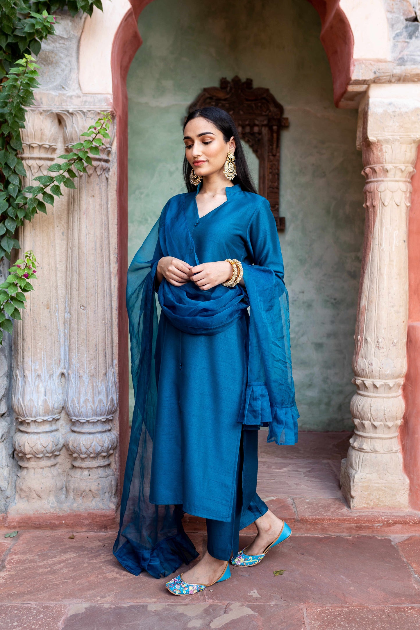 Afsana Teal Blue Silk Kurta And Pant With Dupatta (Set of 3)