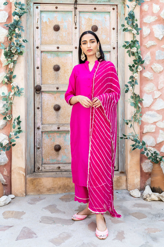 Rani Gulabi Silk Kurta And Pant With Dupatta (Set of 3)