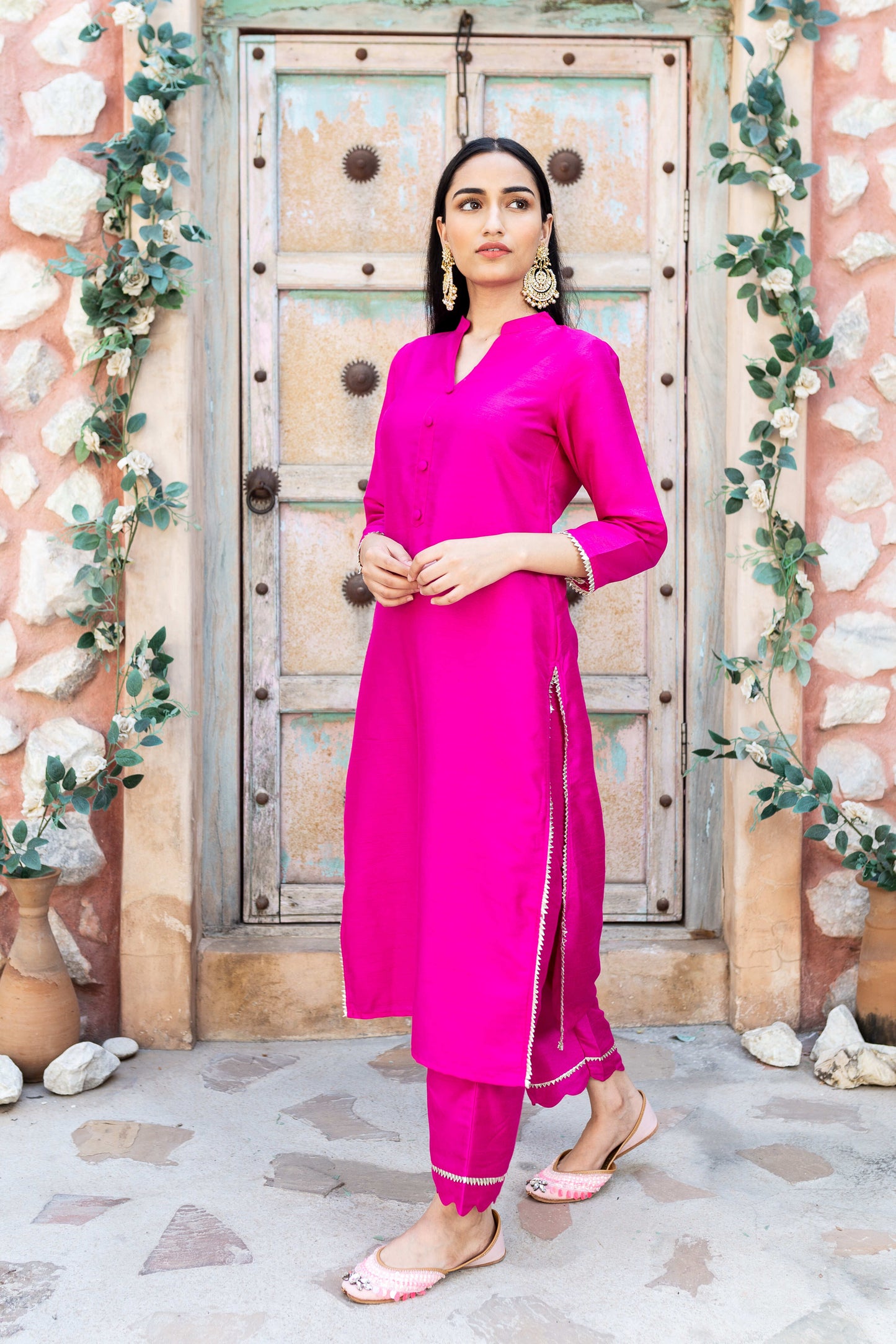 Rani Gulabi Silk Kurta And Pant With Dupatta (Set of 3)