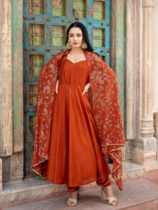 Dua rust flare silk suit set