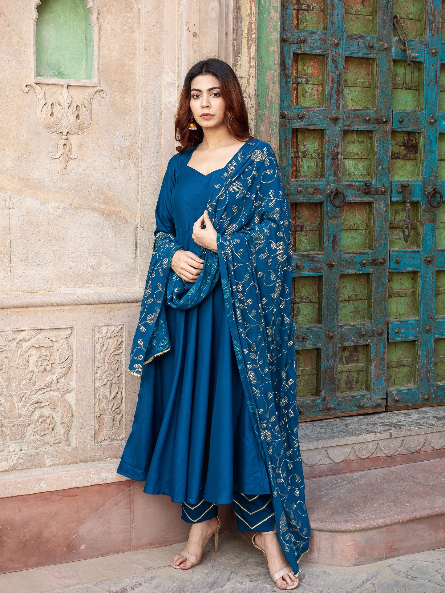 Dua teal blue flare silk suit set