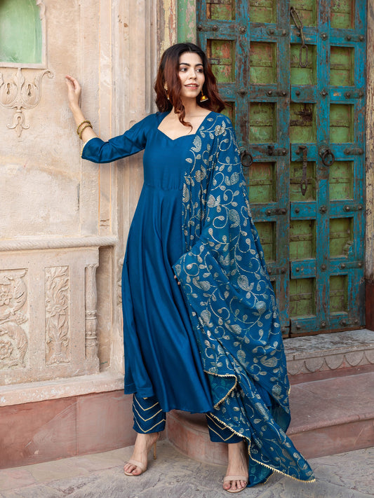 Dua teal blue flare silk suit set