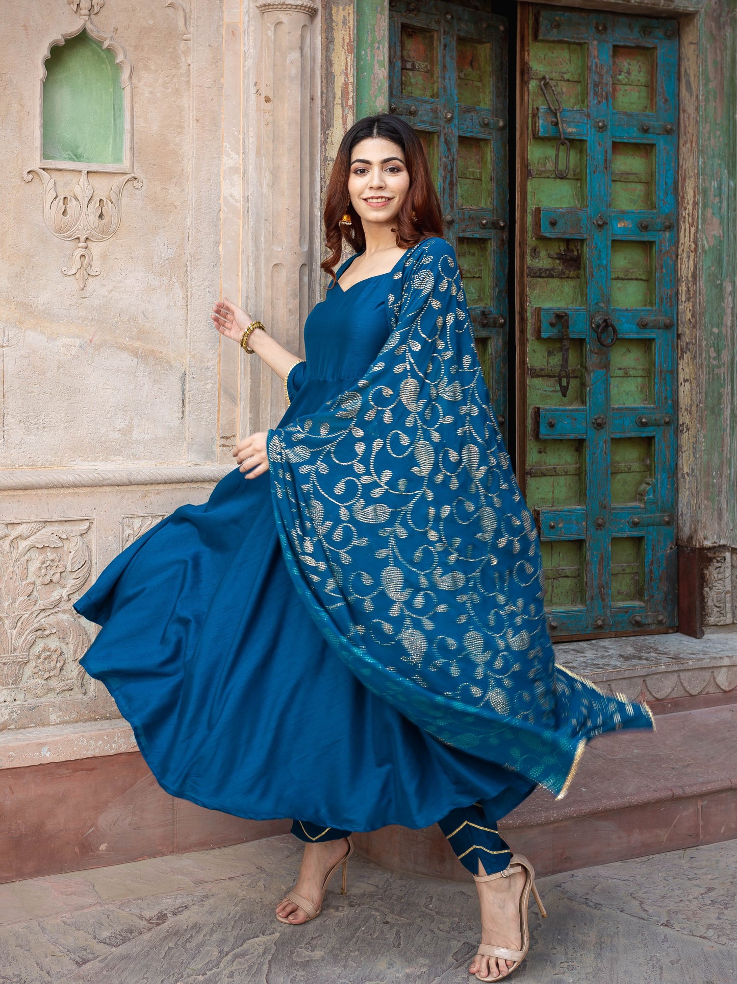 Dua teal blue flare silk suit set