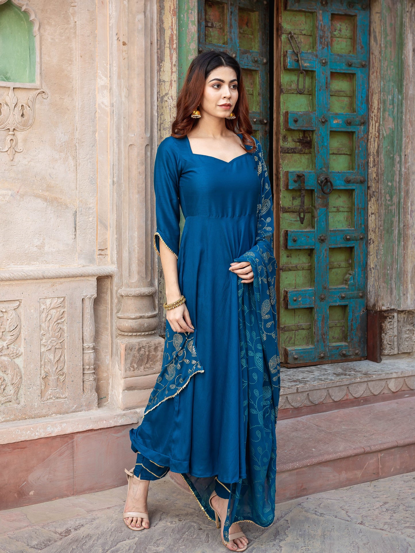 Dua teal blue flare silk suit set