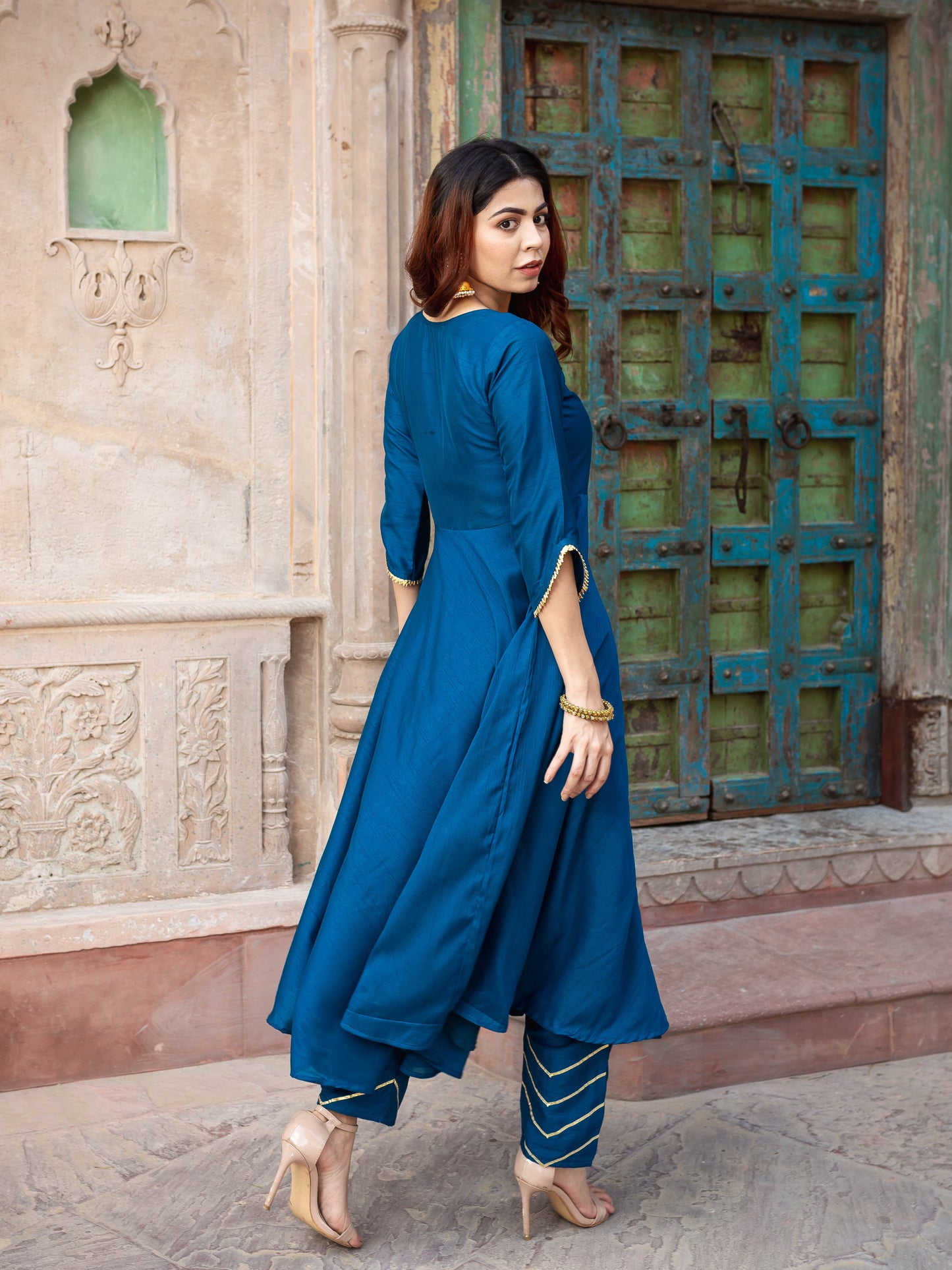 Dua teal blue flare silk suit set