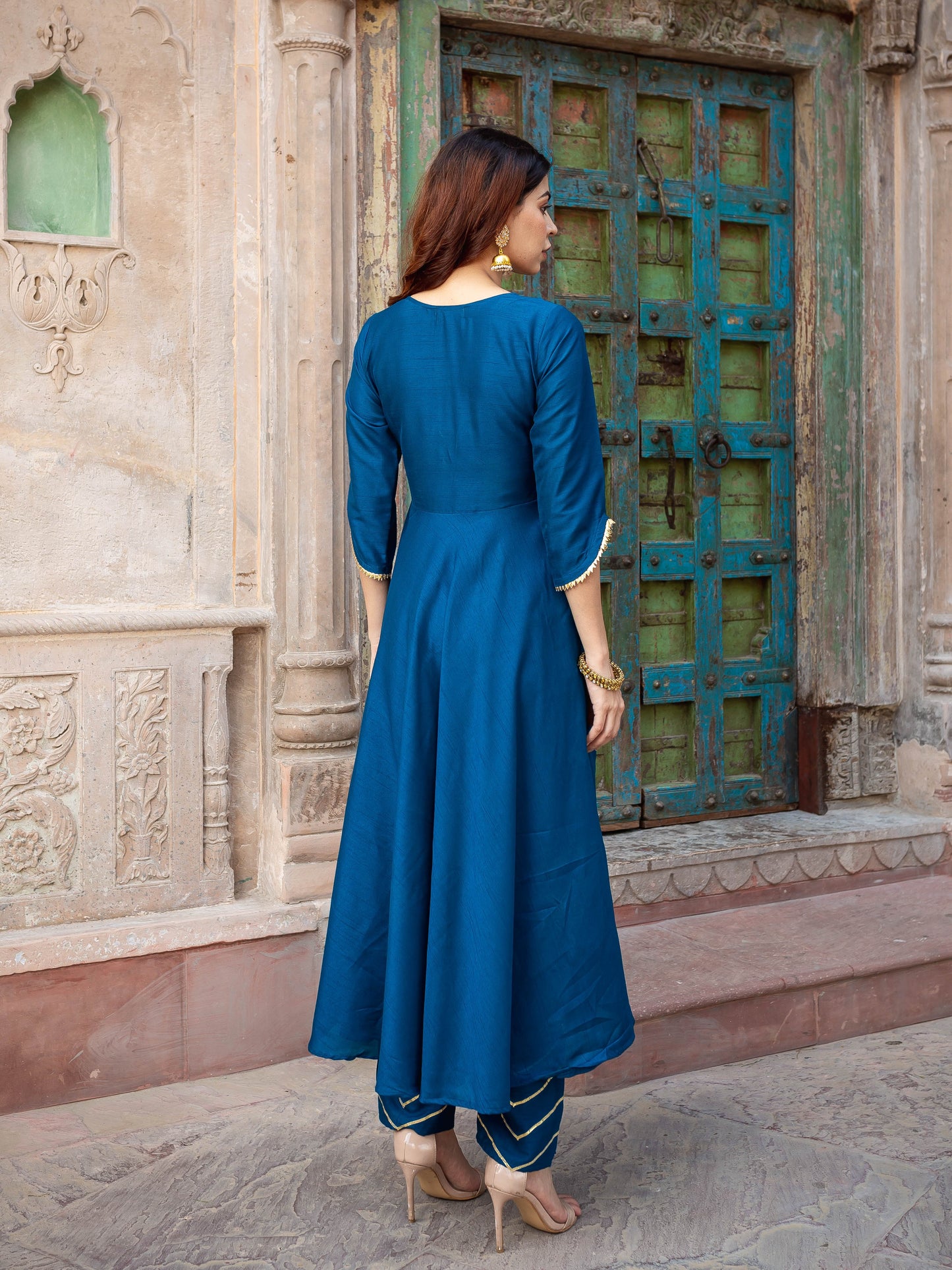 Dua teal blue flare silk suit set
