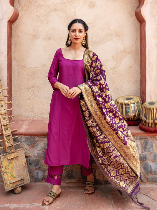 Purple silk suit with banarasi dupatta