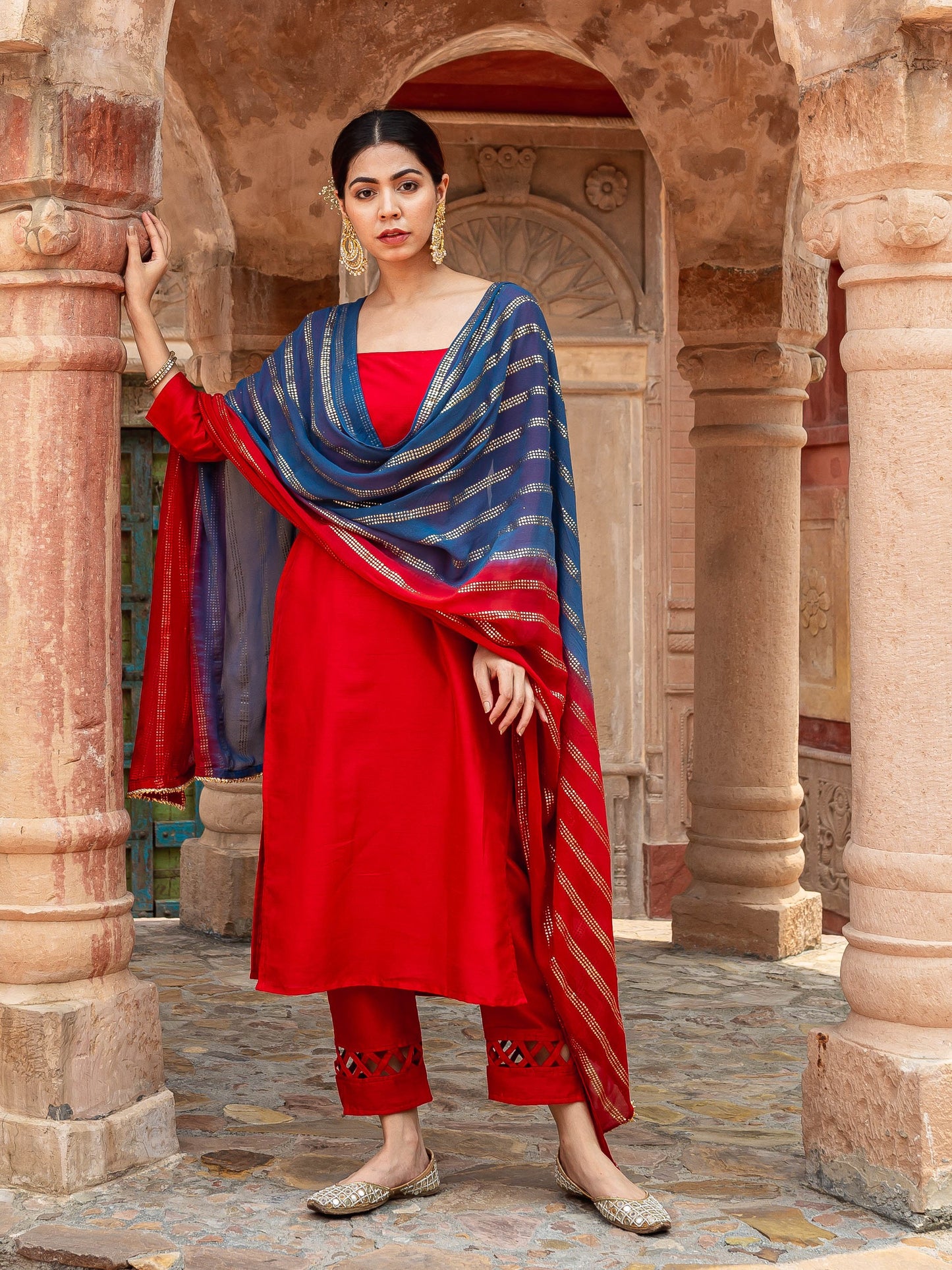 Prisha red silk suit with shaded dupatta