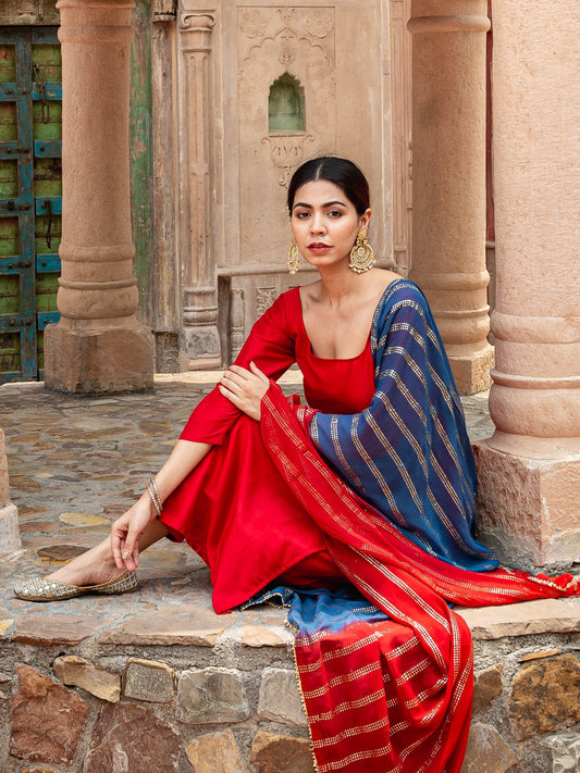 Prisha red silk suit with shaded dupatta