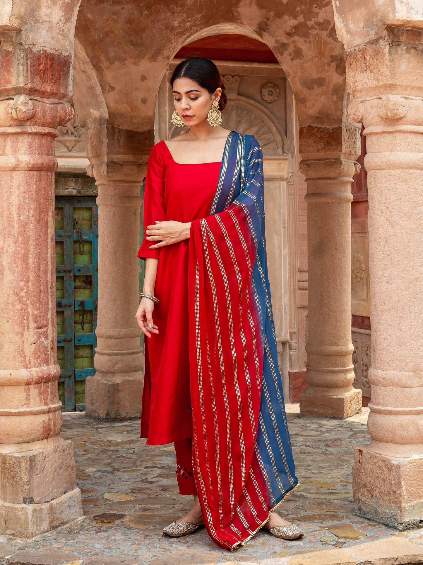 Prisha red silk suit with shaded dupatta