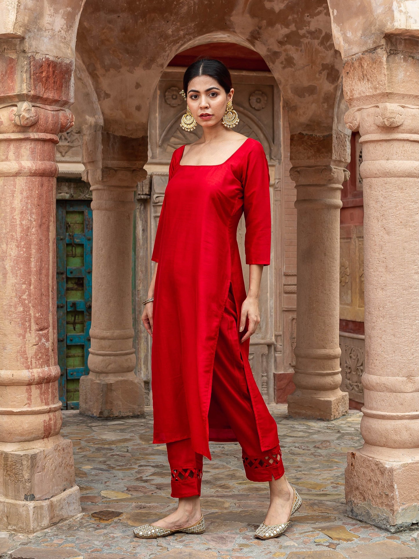 Prisha red silk suit with shaded dupatta