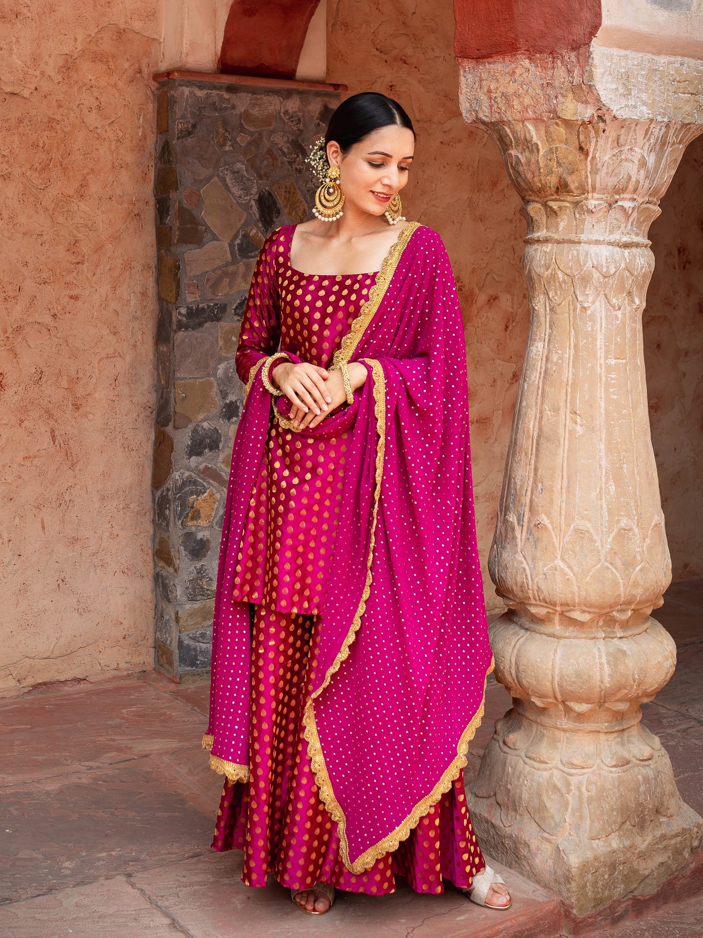 Wine brocade sharara set