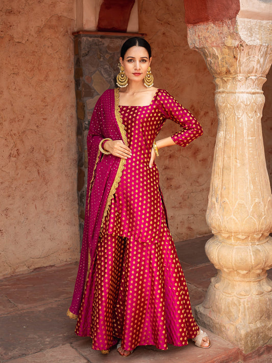 Wine brocade sharara set