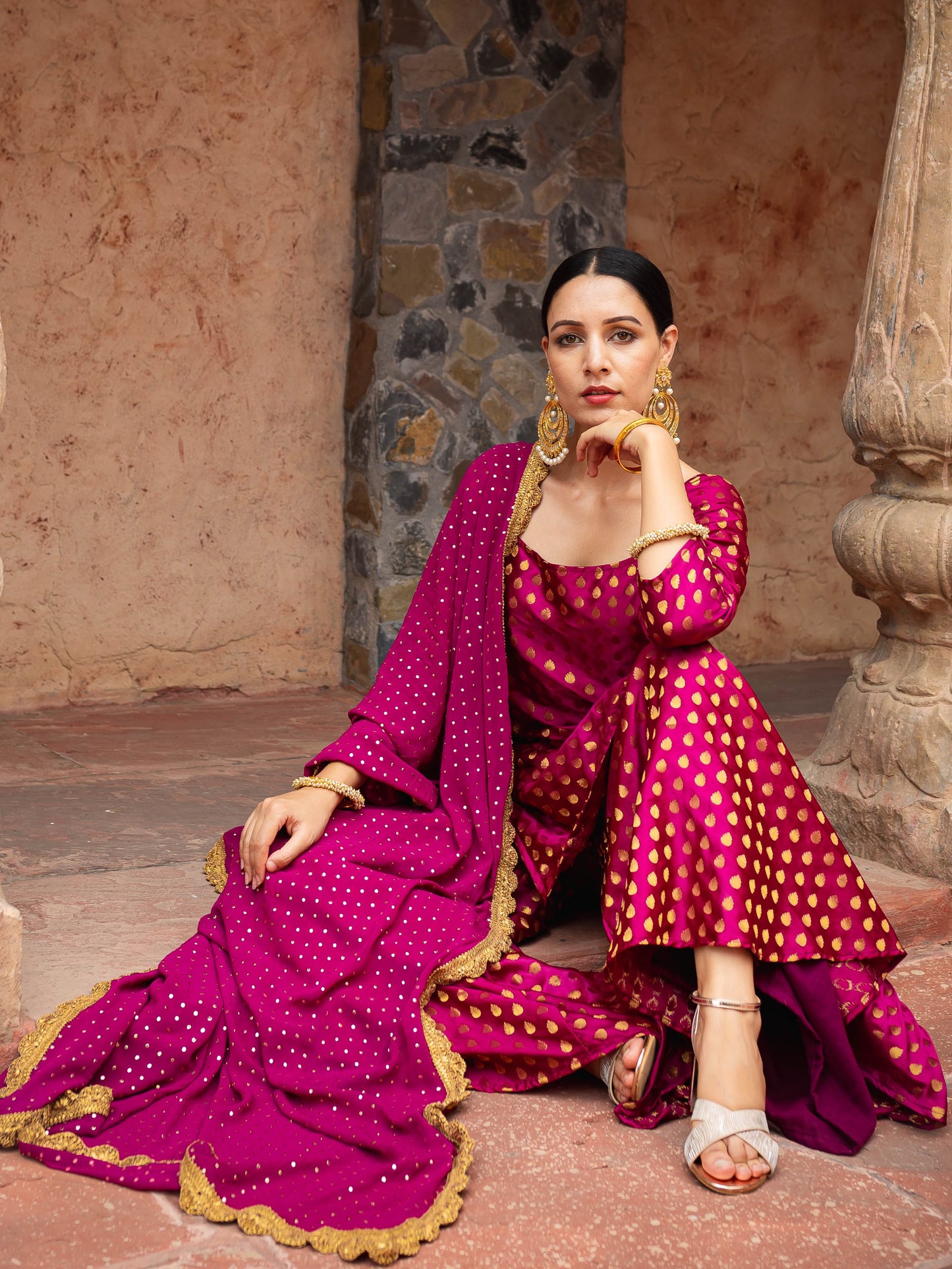 Wine brocade sharara set