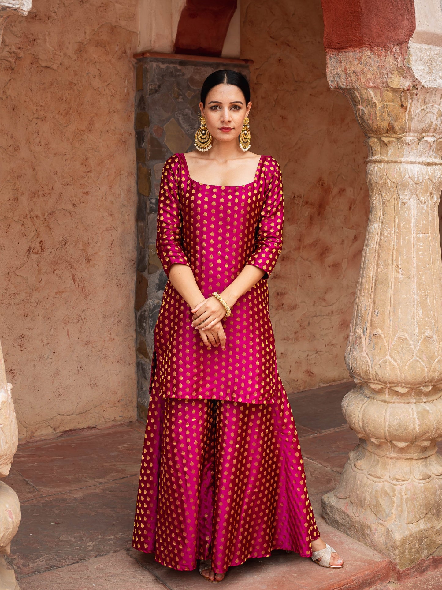 Wine brocade sharara set