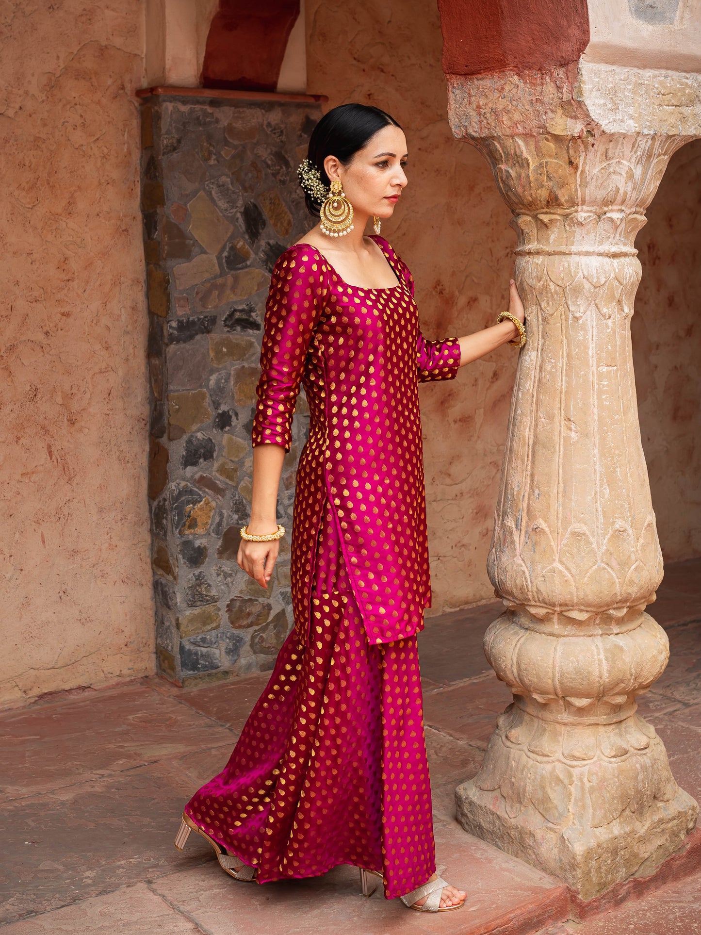 Wine brocade sharara set