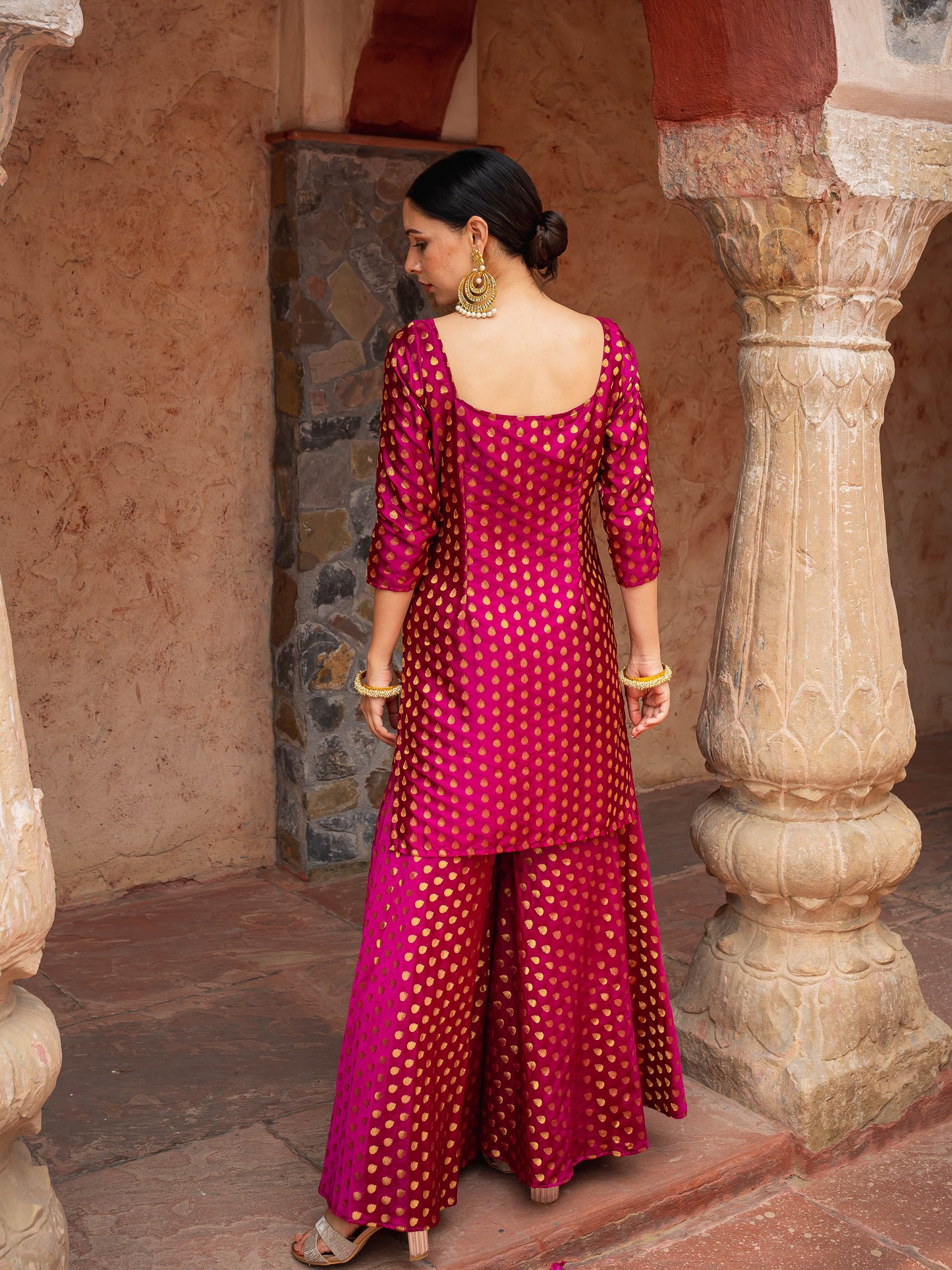 Wine brocade sharara set