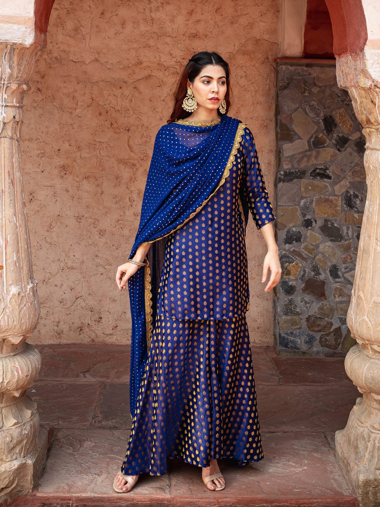 Navy blue brocade sharara set
