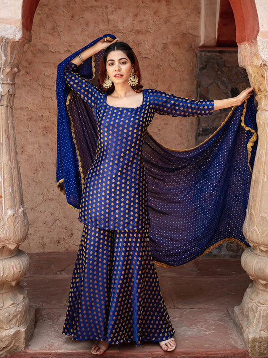 Navy blue brocade sharara set