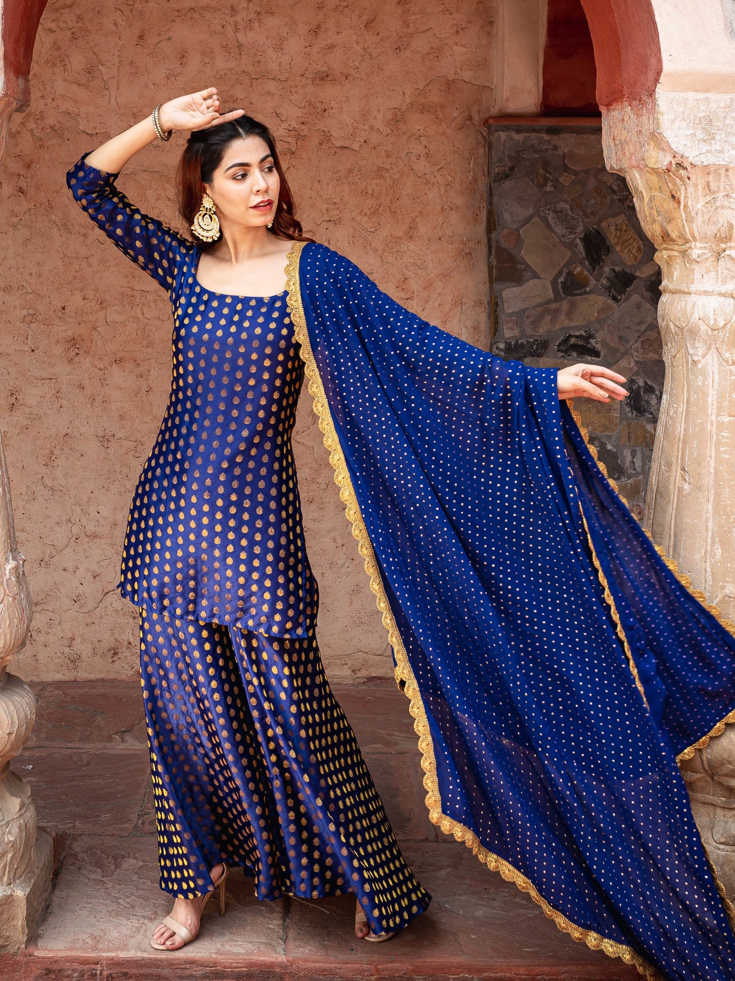Navy blue brocade sharara set