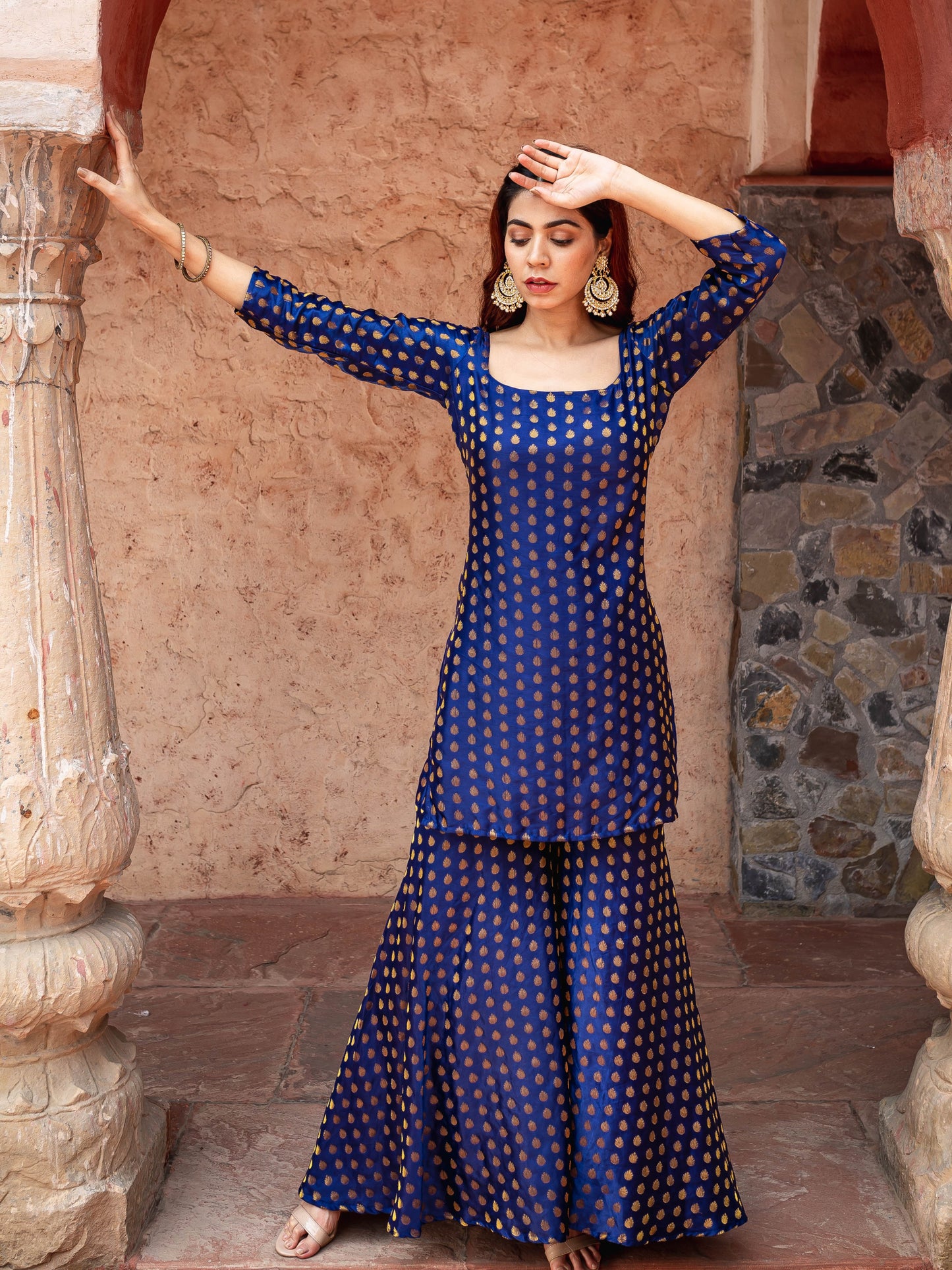 Navy blue brocade sharara set
