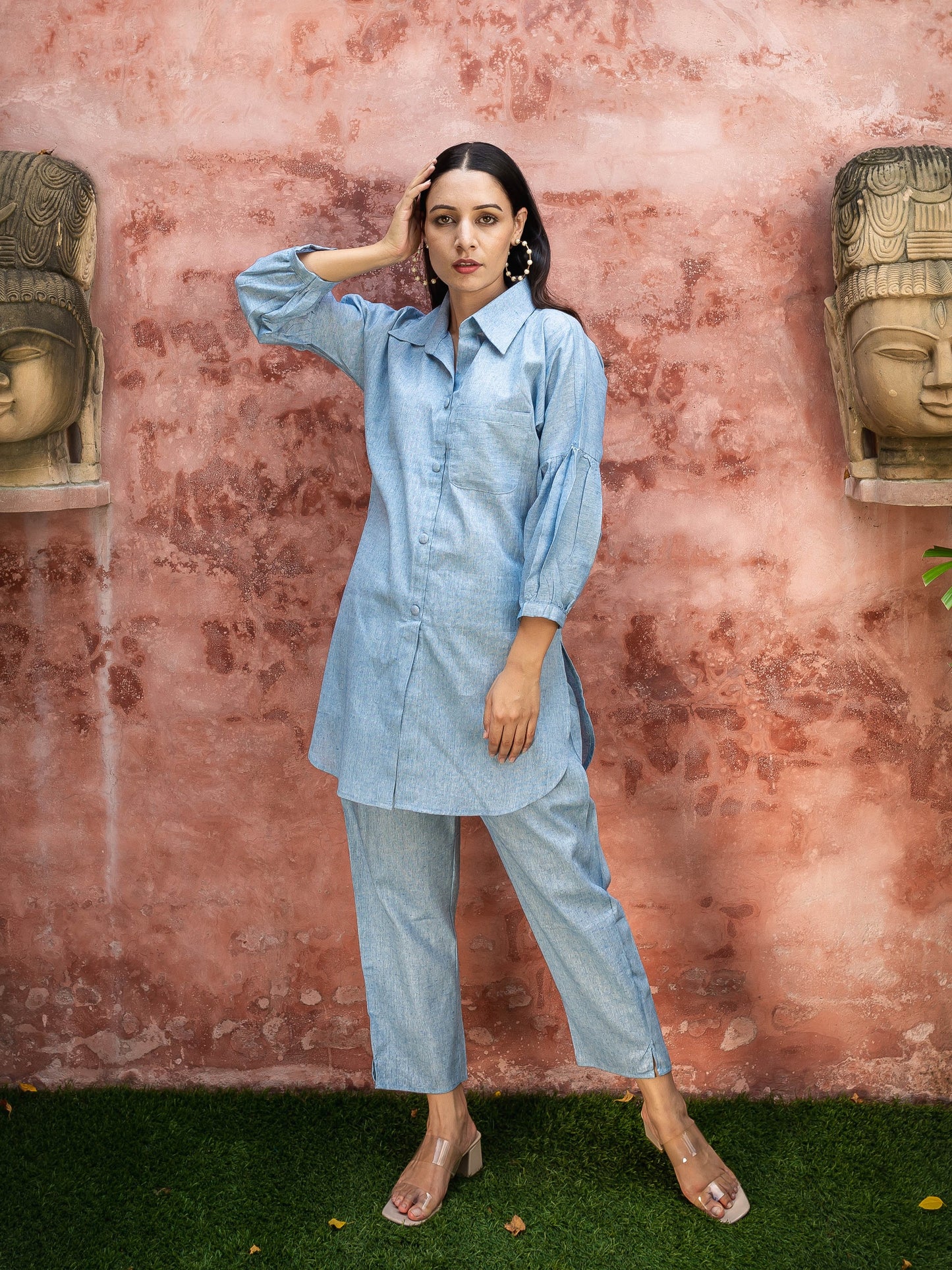 Blue khadi shirt coord set