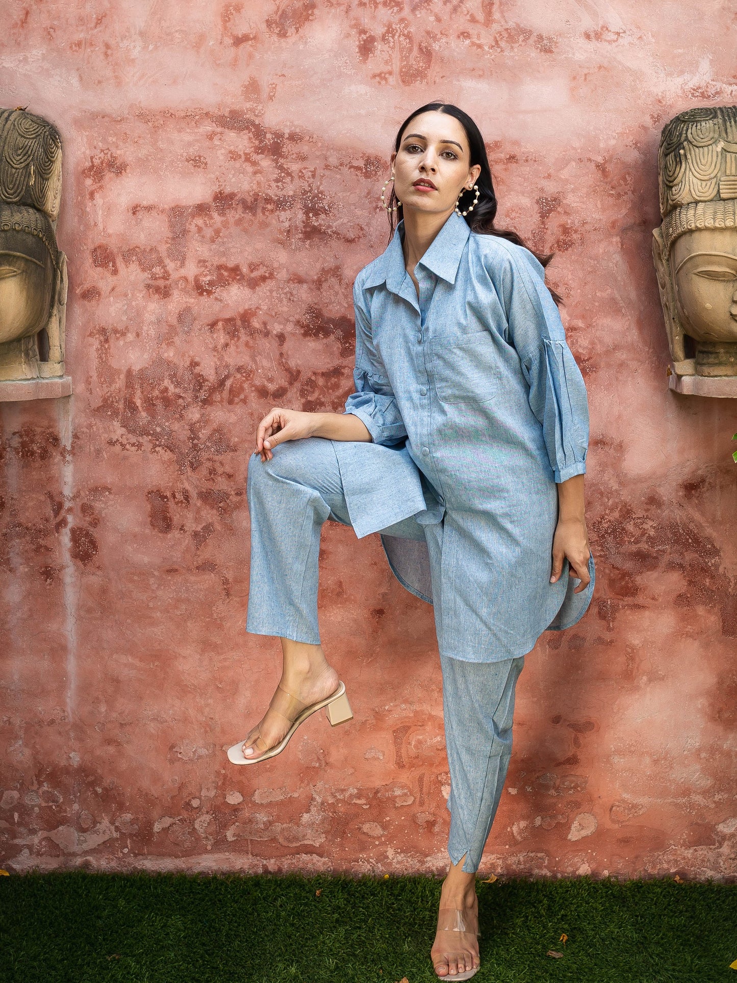 Blue khadi shirt coord set