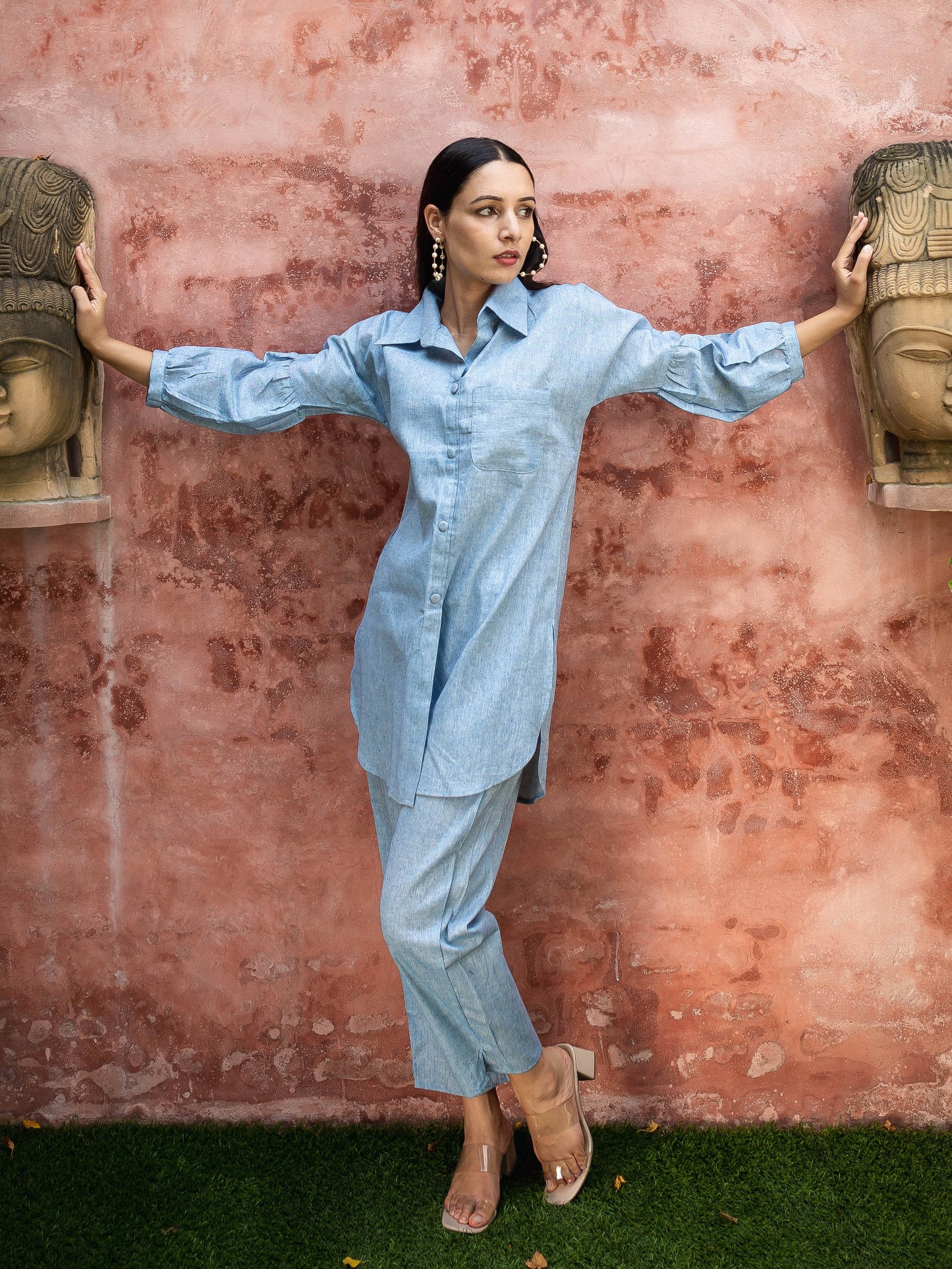 Blue khadi shirt coord set