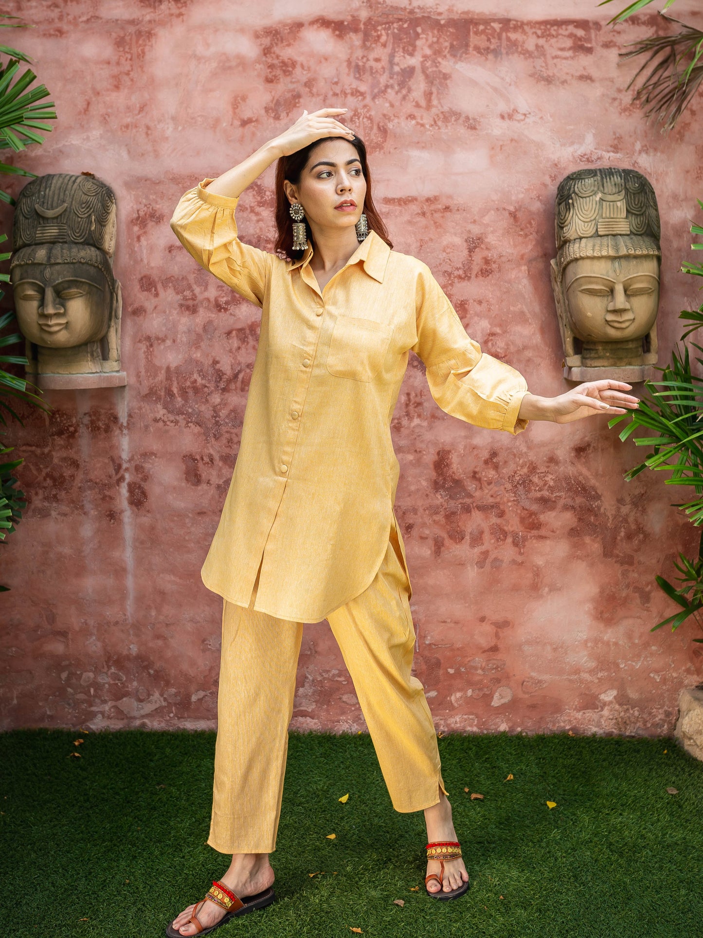 Yellow khadi shirt coord set