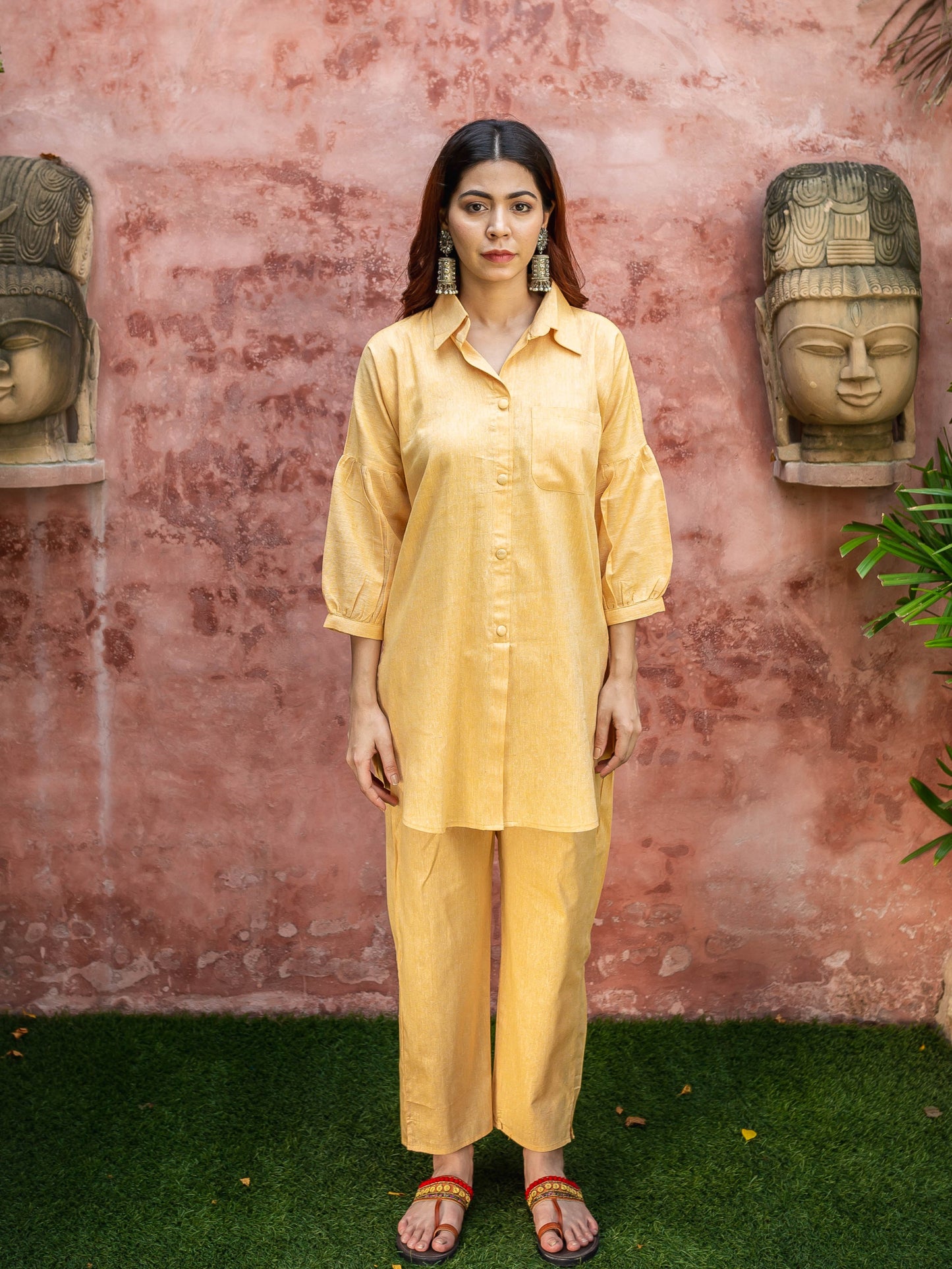 Yellow khadi shirt coord set