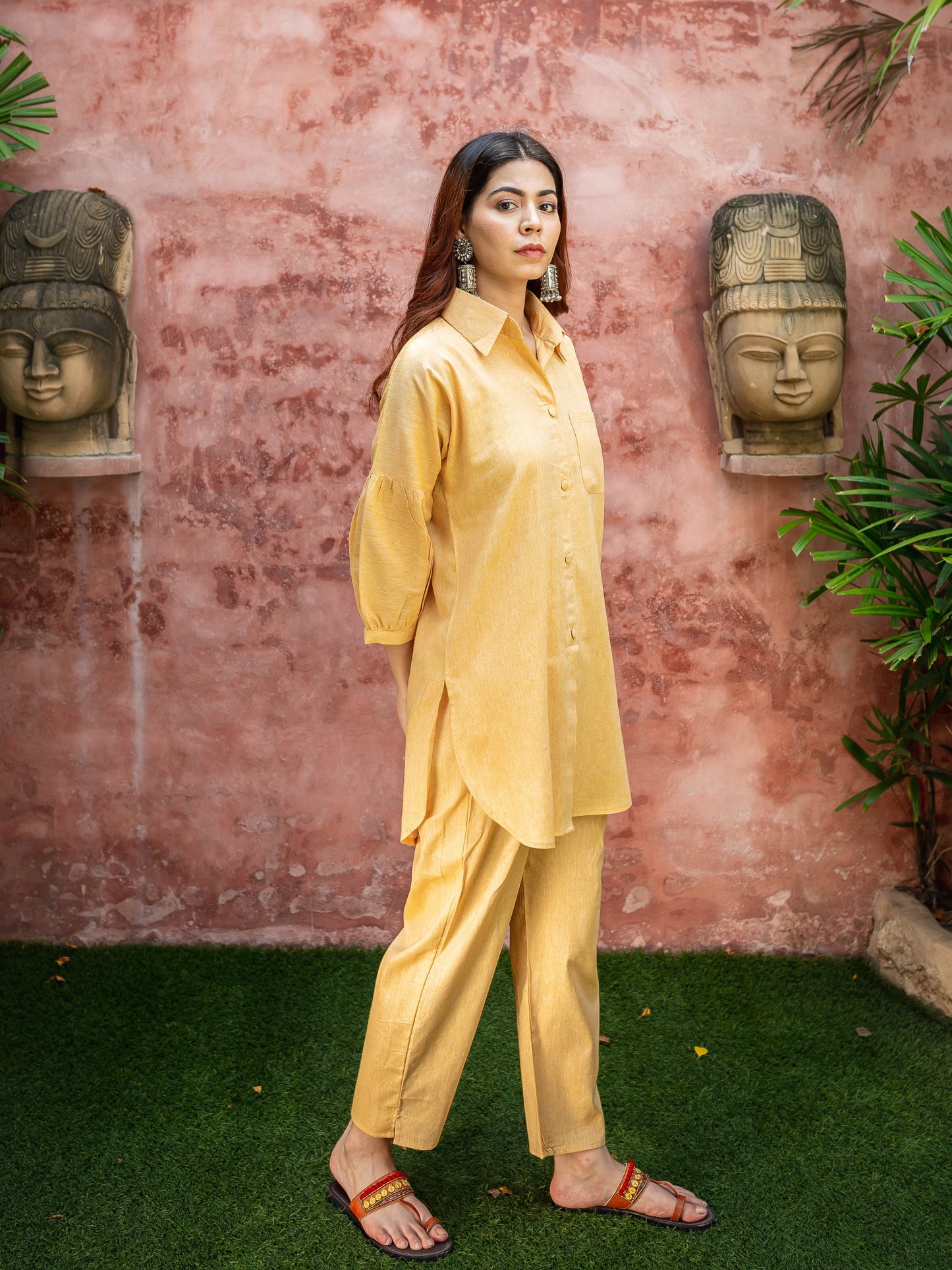 Yellow khadi shirt coord set