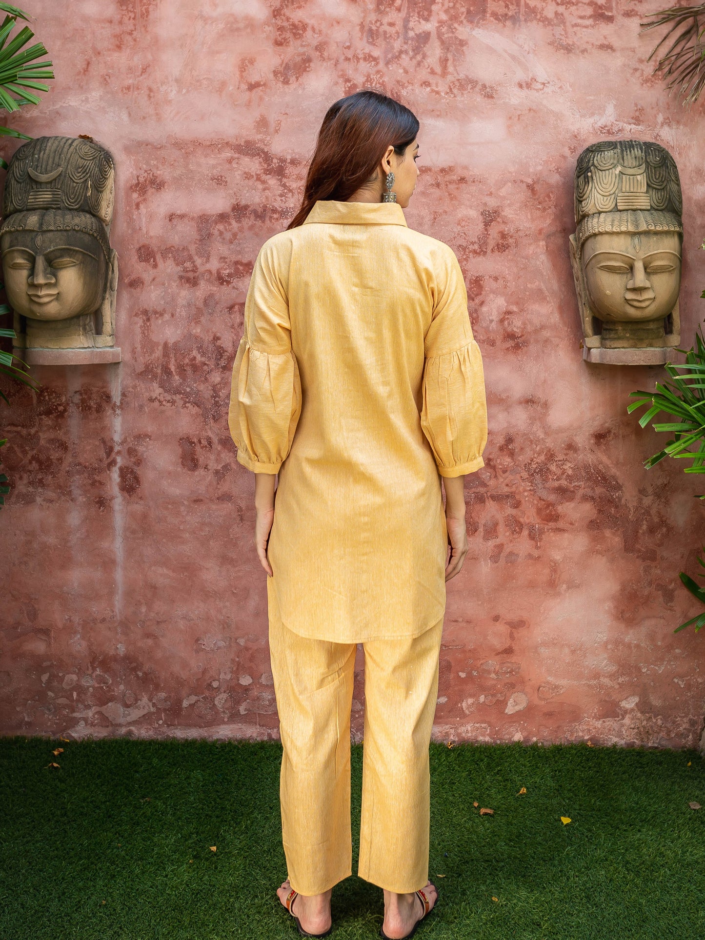 Yellow khadi shirt coord set