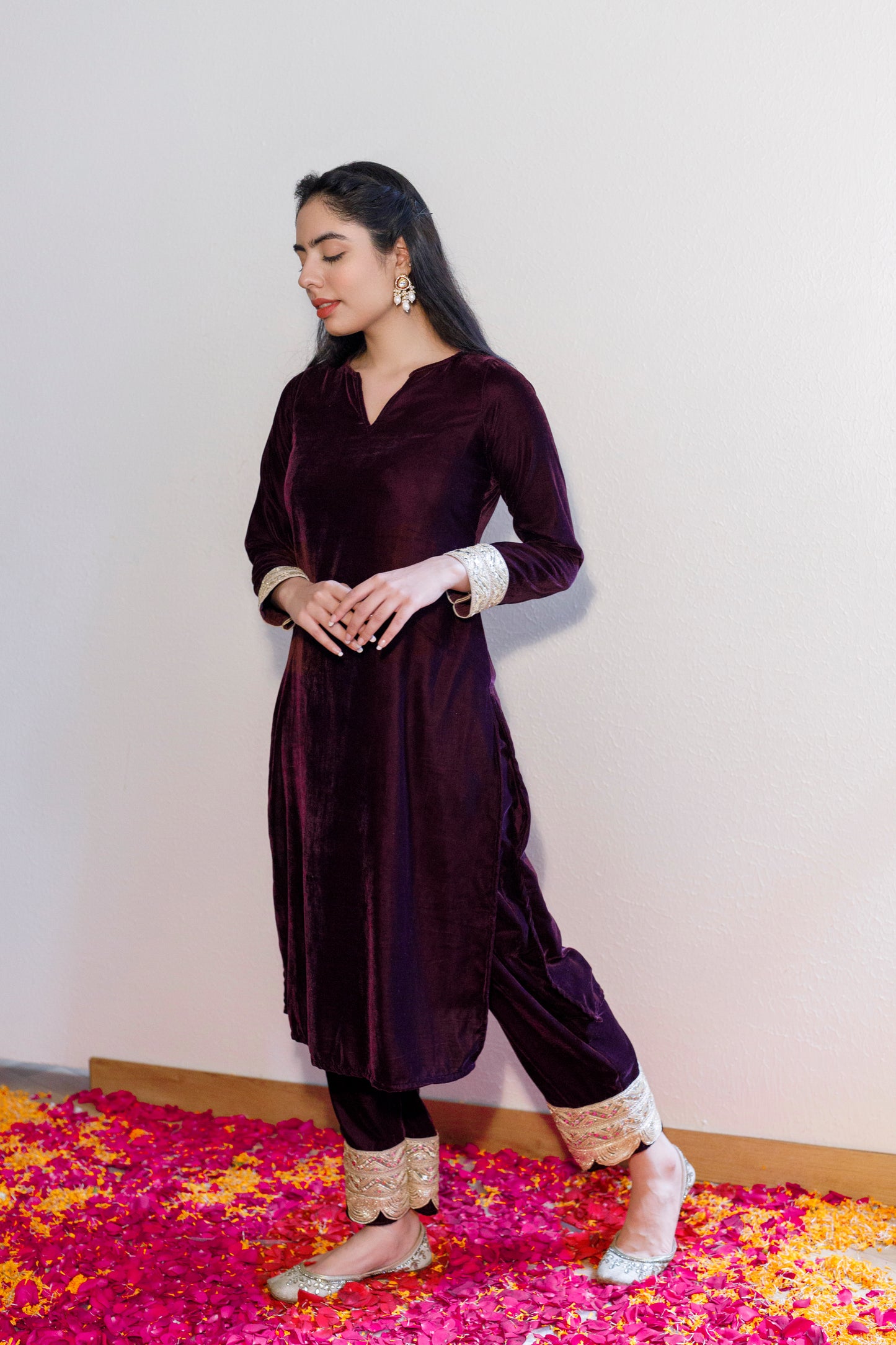 Ashni wine velvet suit with velvet shawl