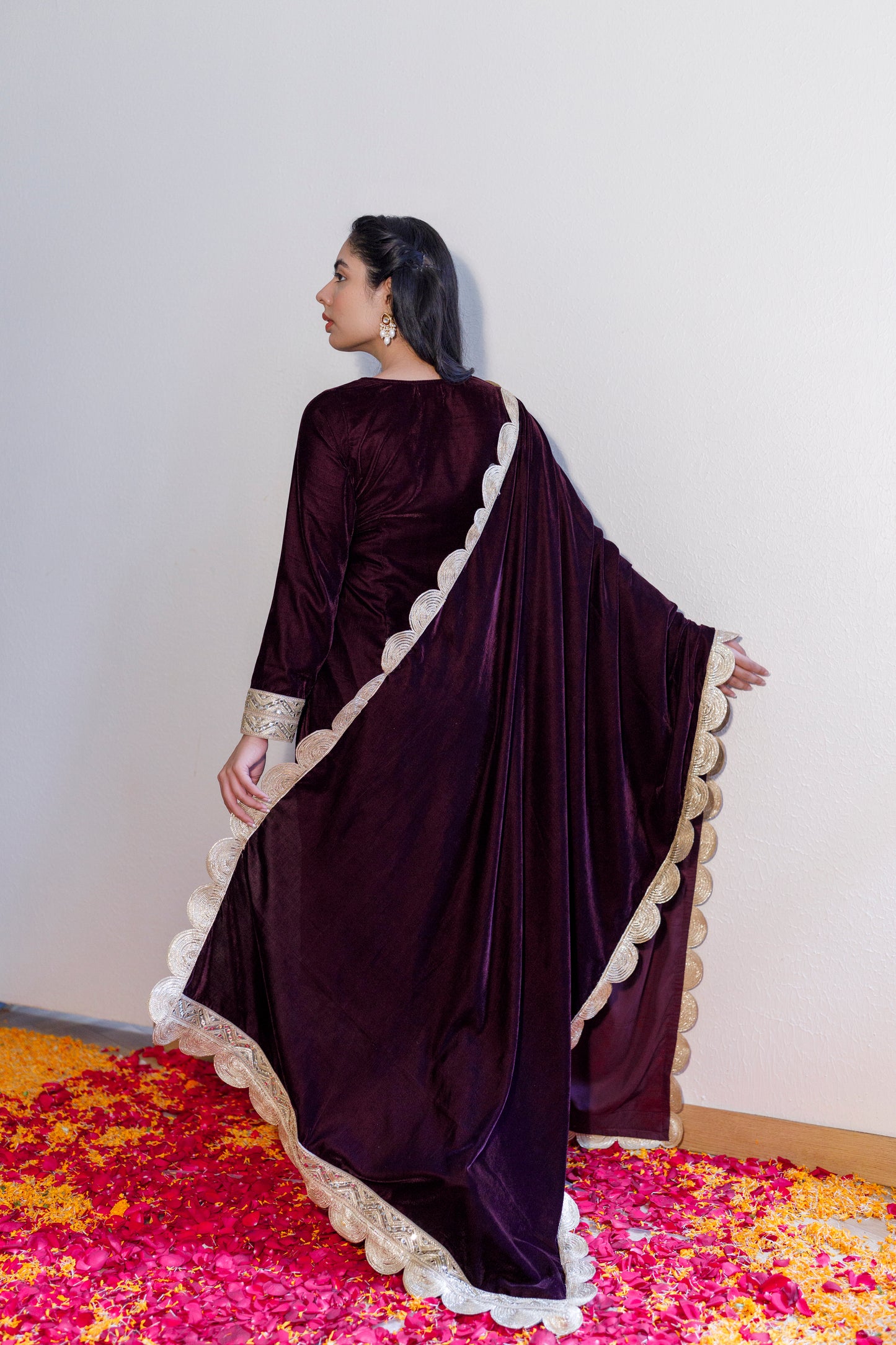 Ashni wine velvet suit with velvet shawl